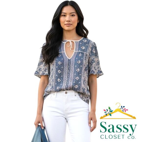 Lucky Brand Tops - Lucky Brand Blue Pink Floral Peasant Top XS Keyhole Tie Front Boho Blouse